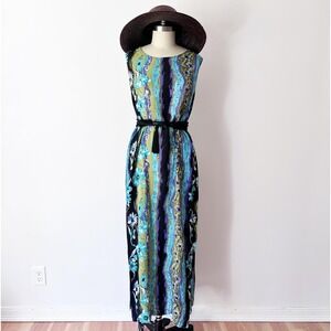 JM Collection Maxi Dress Blue Green Floral Beaded Rayon Sleeveless Shift Large